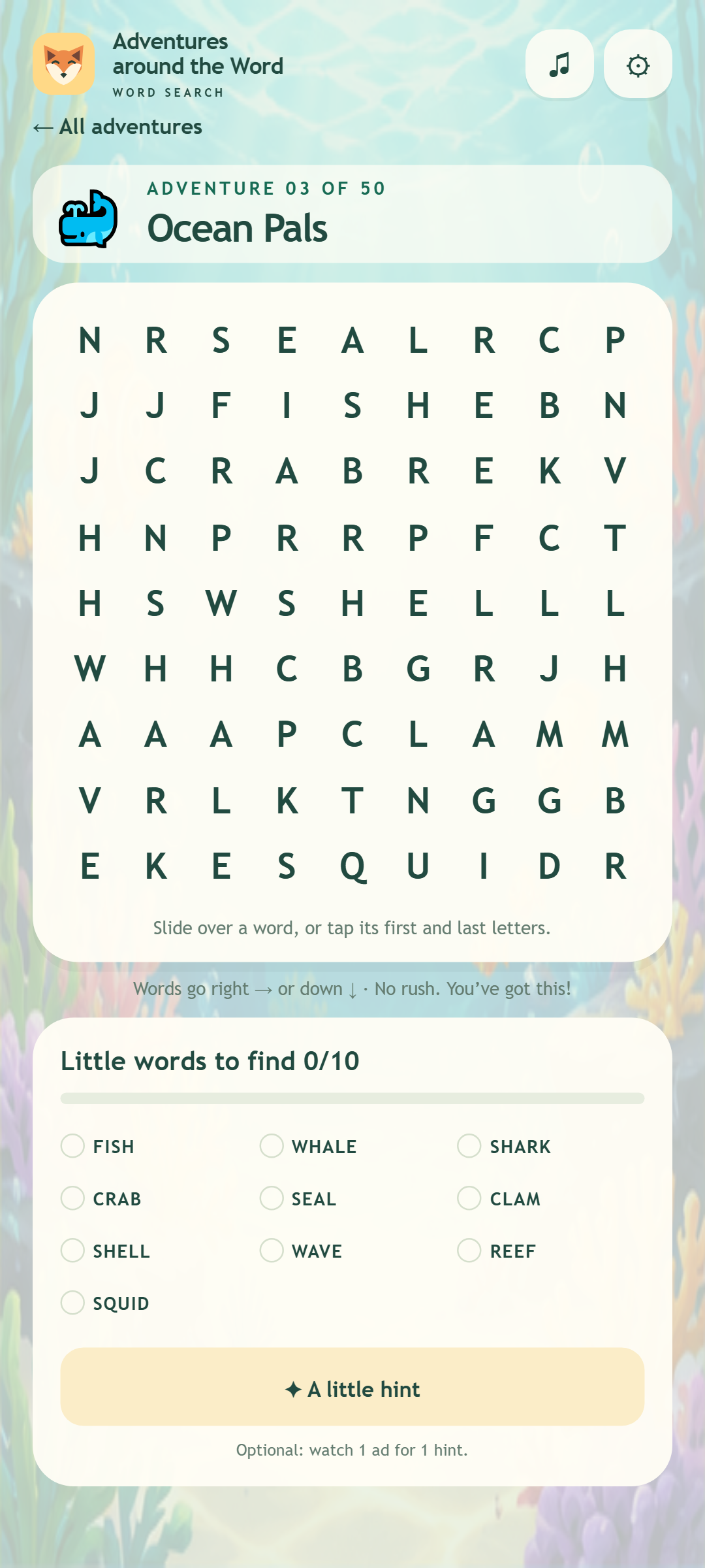 Ocean Pals word-search puzzle